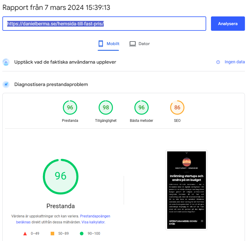 Prestanda Pagespeed Insights